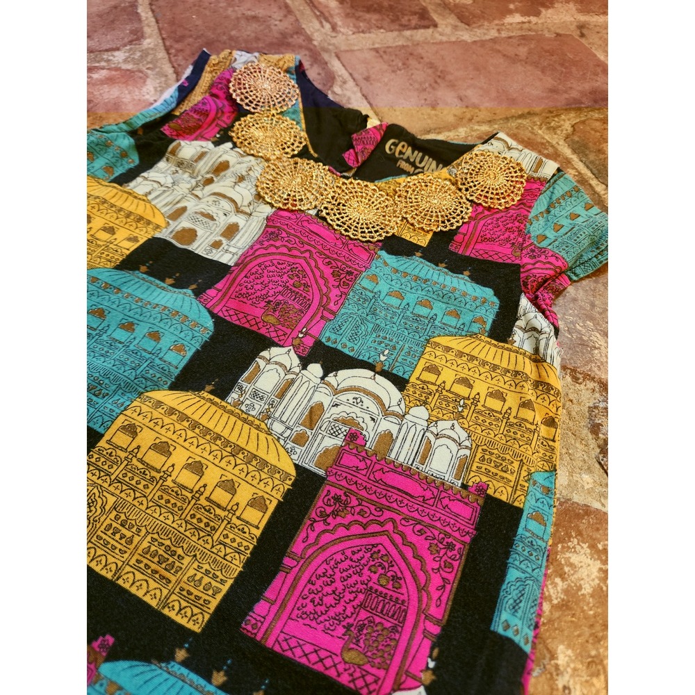 Genuine Kids OshKosh Toddler Dress 2T Colorful Building Print Gold Neckline